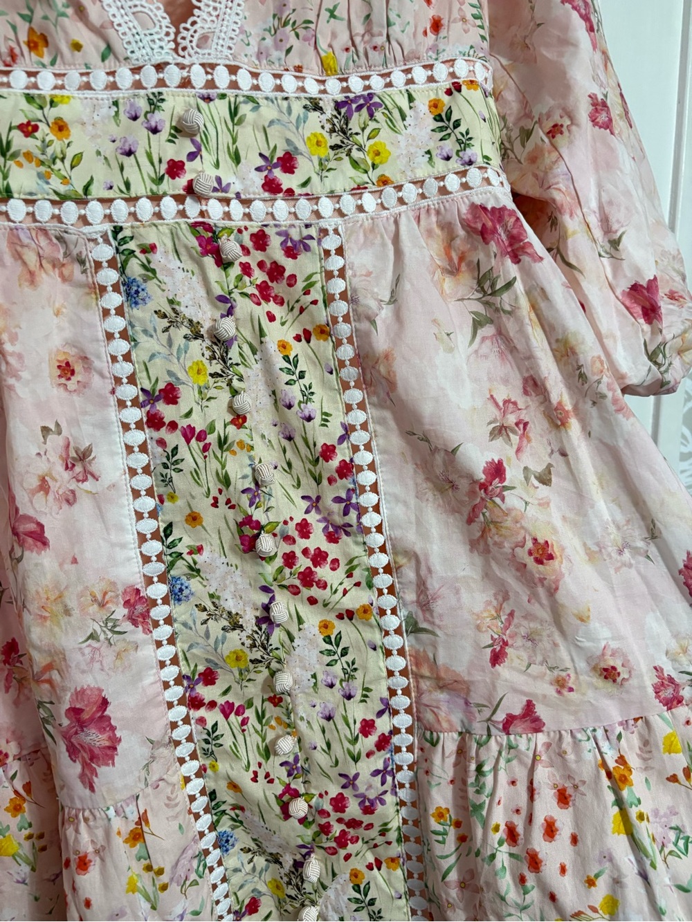 NWOT FORE Collection Floral Print Cotton Crochet Bubble Hem Sleeve Mini Dress - Picture 9 of 13